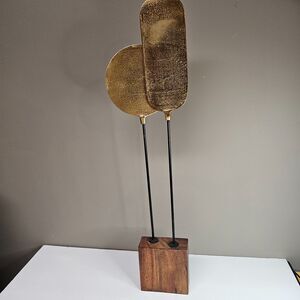 Abstract Minimalist Gold Wood Decor Modernist Brass Wood Base Sculpture